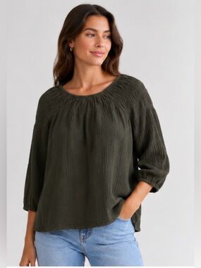 Denver Hayes Olive Green Textured Peasant Top